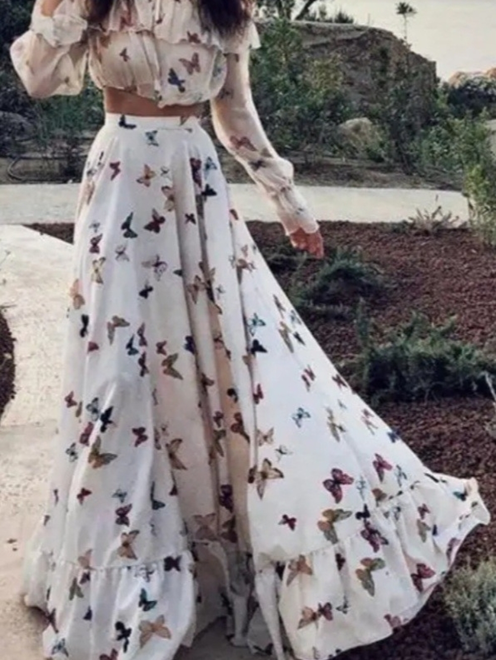 Butterfly Print White Maxi Skirt And Crop Top